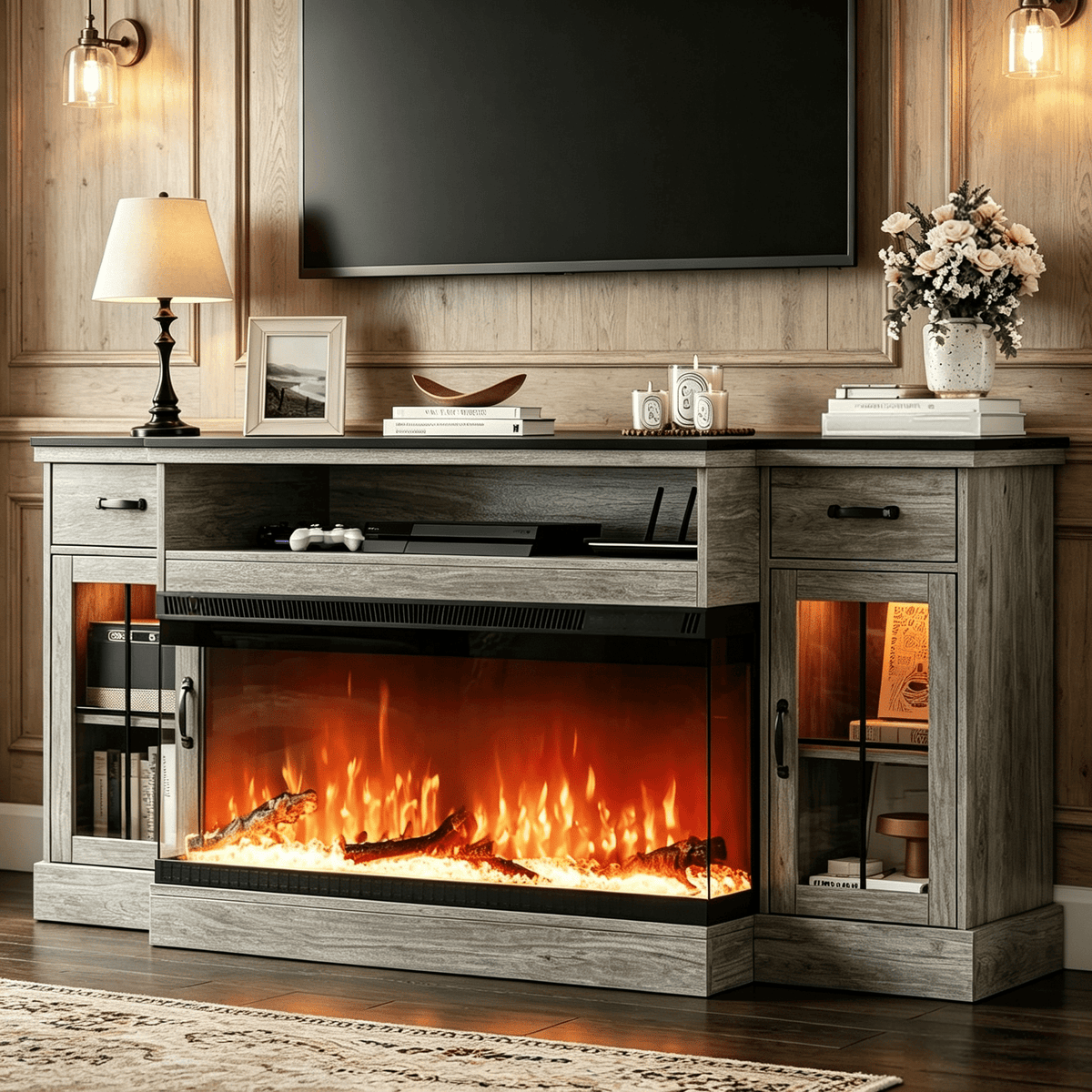 DreamCurship Fireplace TV Stand for TVs up to 80", Farmhouse TV Stand with Electric Fireplace, Glass Door Entertainment Center with Led Light, Media Console Table for Living Room, Gray