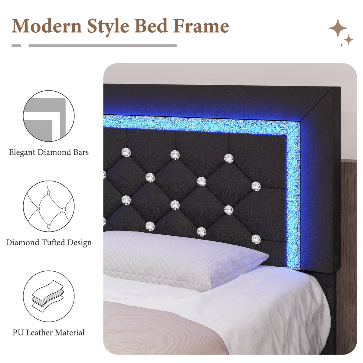 4 EVER WINNER Full Size LED Bed Frame with 4 Drawers, Black Full Bed Frame with LED Light Headboard, Modern Upholstered Bed with Diamond Headboard and Footboard, Black