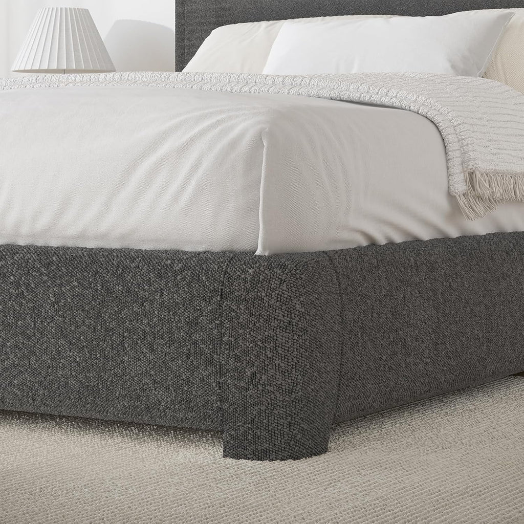 4 EVER WINNER King Size Bed Frame, Modern White Bed Frame with Headboard, Boucle Fabric Upholstered Bed Frame, Soft Curved Headboard, Gray