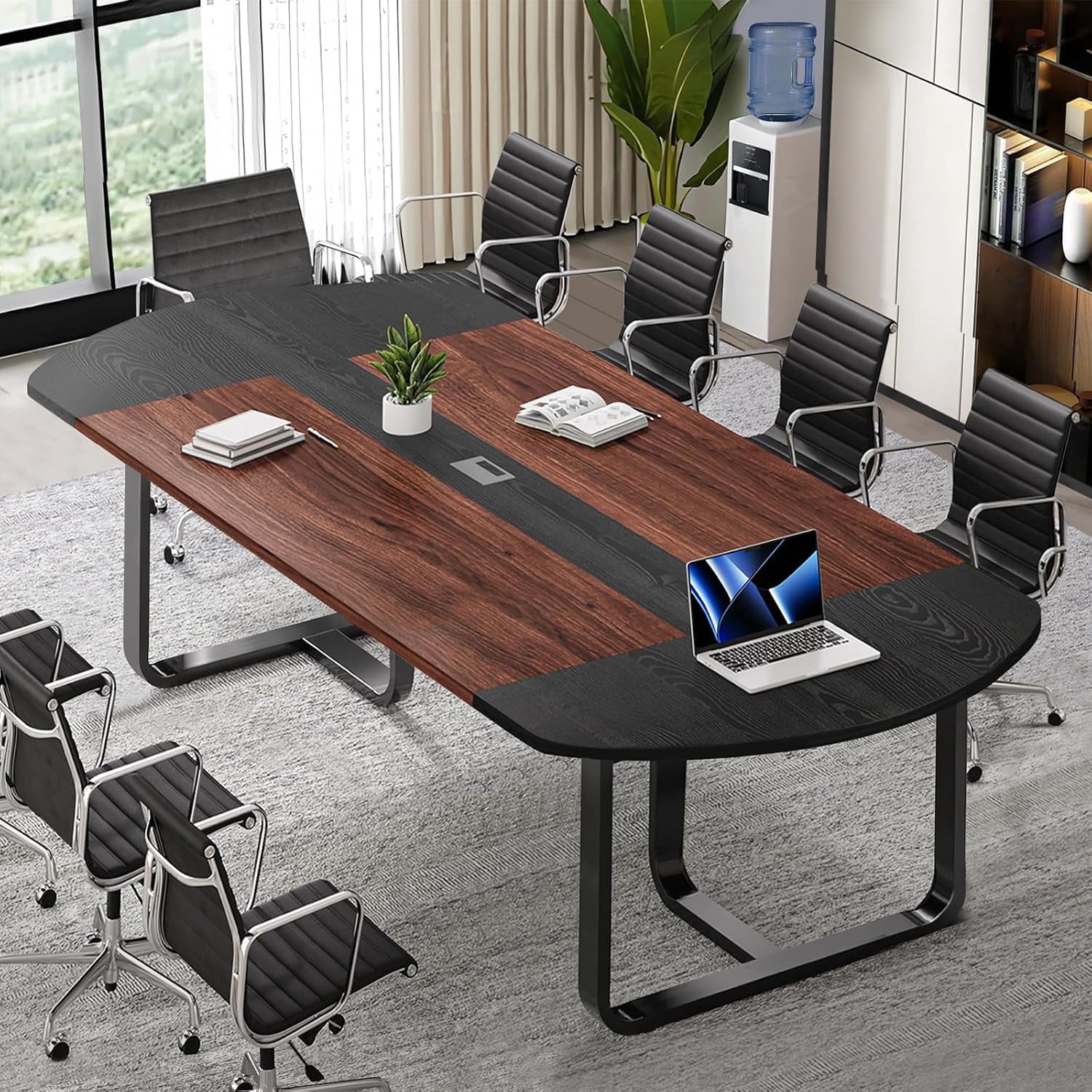4 EVER WINNER 8FT Boat Shaped Conference Table for 10 People, 94.5L¡Á47.3W¡Á29.5H Inch Heavy Duty Meeting Table with Cable Grommet, Modern Executive Table for Office Conference Room Party, Black & Walnut