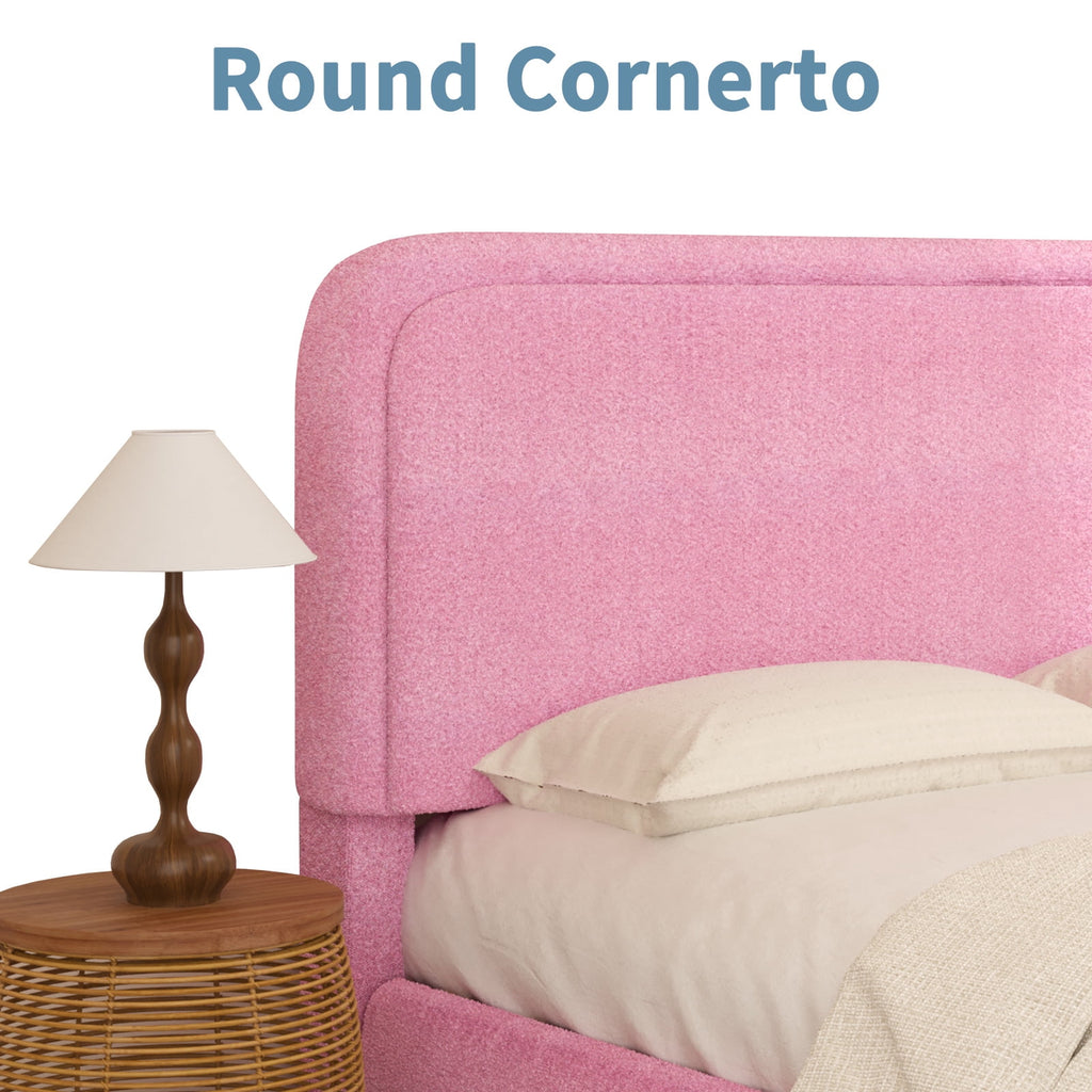 4 Ever Winner Full Size Bed Frame, Modern White Bed Frame with Headboard, Boucle Fabric Upholstered Bed Frame, Soft Curved Headboard, Pink