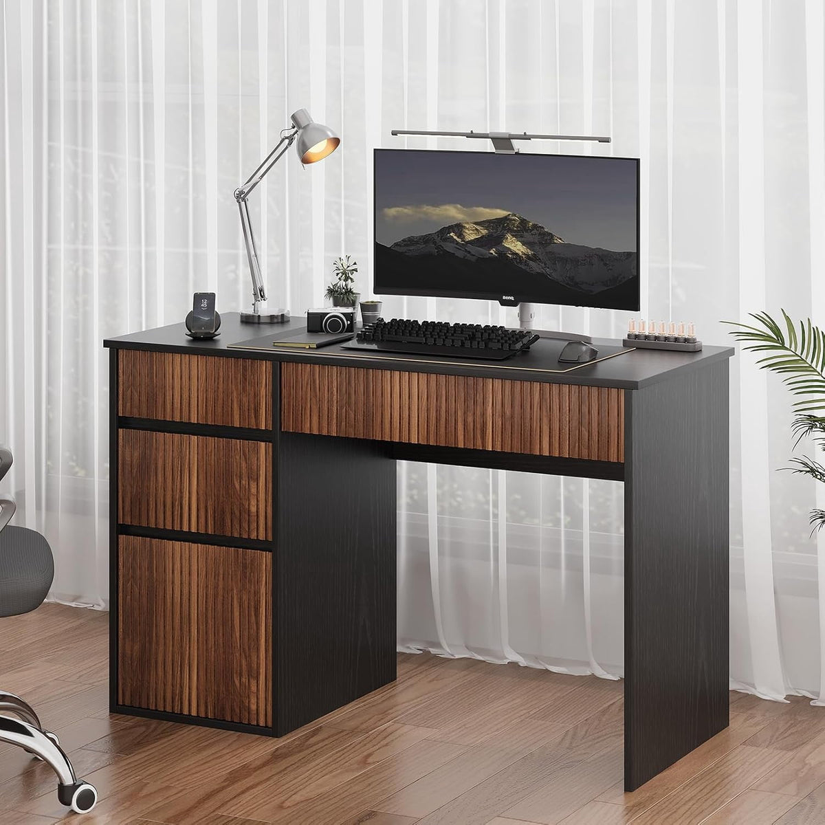 DreamCurship 48 inch Computer Desk with 4 Storage Drawers, Home Office Desks with Hidden Handle, Wooden Desk for Small Spaces, Black