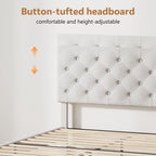 4 Ever Winner Queen Size Bed Frame, Upholstered Platform Bed with Headboard, Button Tufted Headboard, White