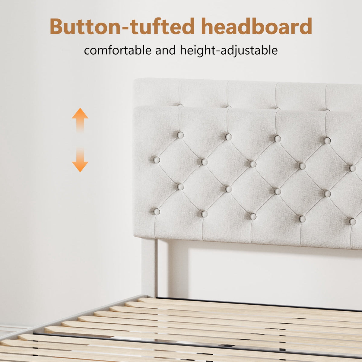 4 Ever Winner Queen Size Bed Frame, Upholstered Platform Bed with Headboard, Button Tufted Headboard, White