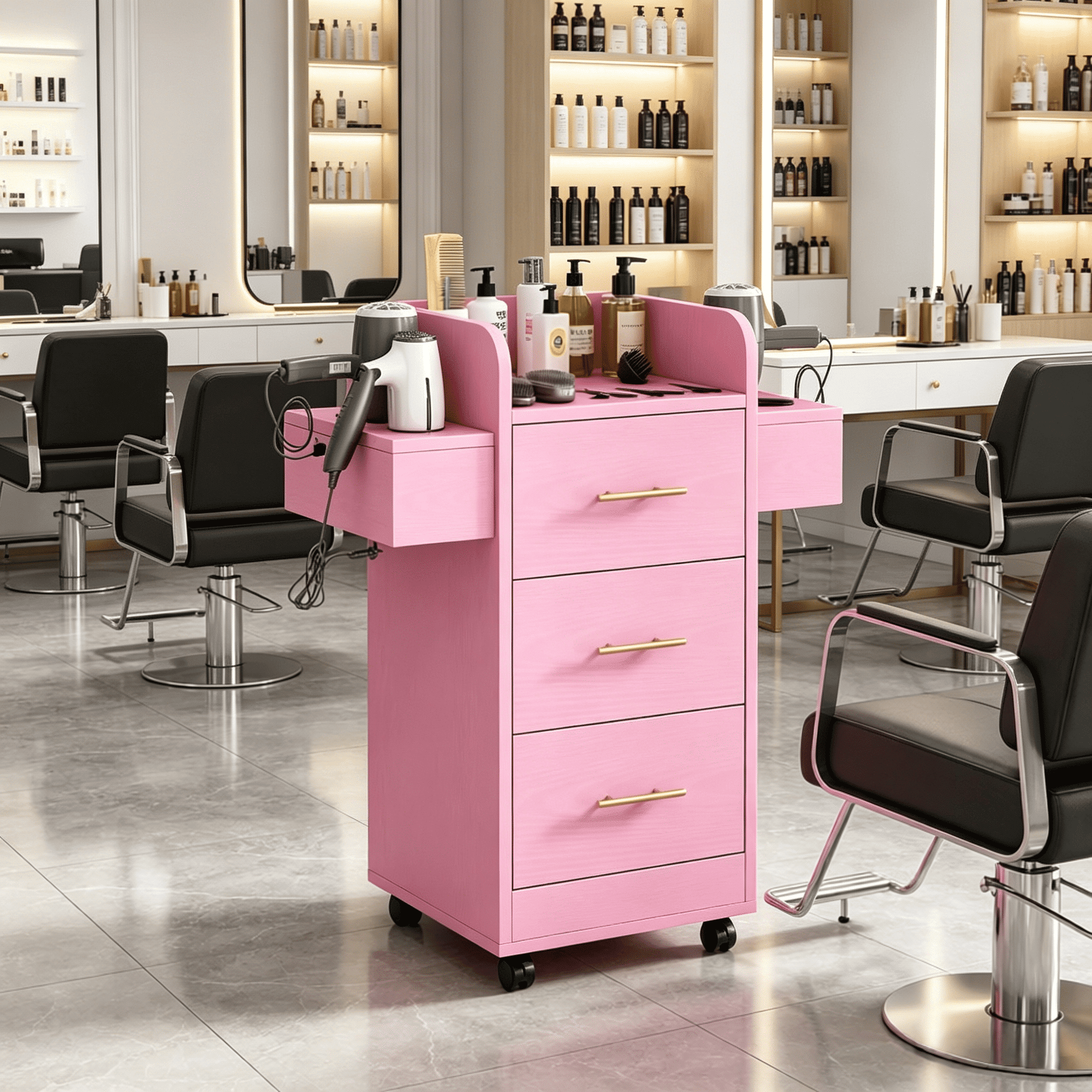 4 EVER WINNER Beauty Salon Trolley Cart, Salon Cabinet with 360¡ãWheels, 3 Drawer, 6 Tool Holders, Barber Hair Stations for Salon Beauty Spa, Pink