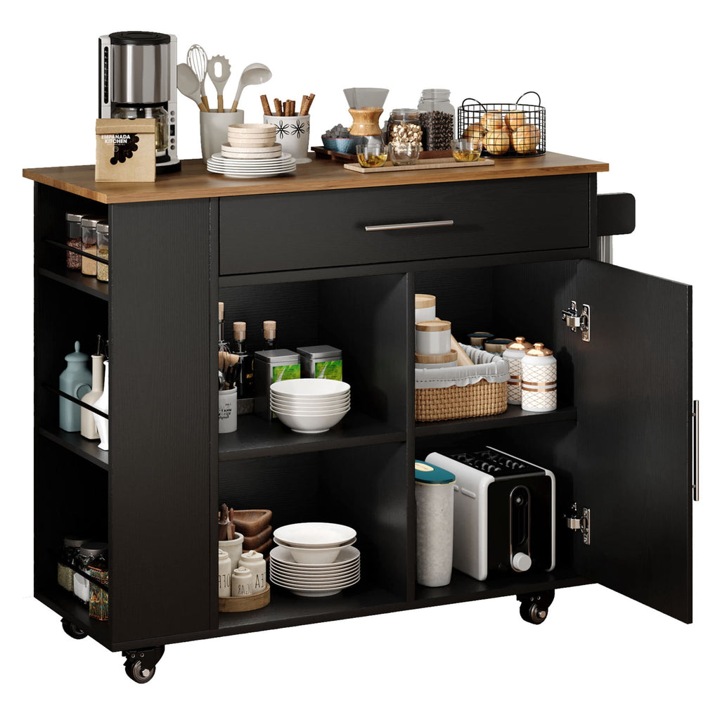 Rolling Kitchen Island Cart with Storage, Black Mobile Kitchen Cart on Wheels with Spice Rack, Towel Rack, Open Shelves & Drawer, Versatile Serving Cart for Kitchen Dining Room