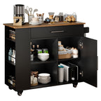 Rolling Kitchen Island Cart with Storage, Black Mobile Kitchen Cart on Wheels with Spice Rack, Towel Rack, Open Shelves & Drawer, Versatile Serving Cart for Kitchen Dining Room