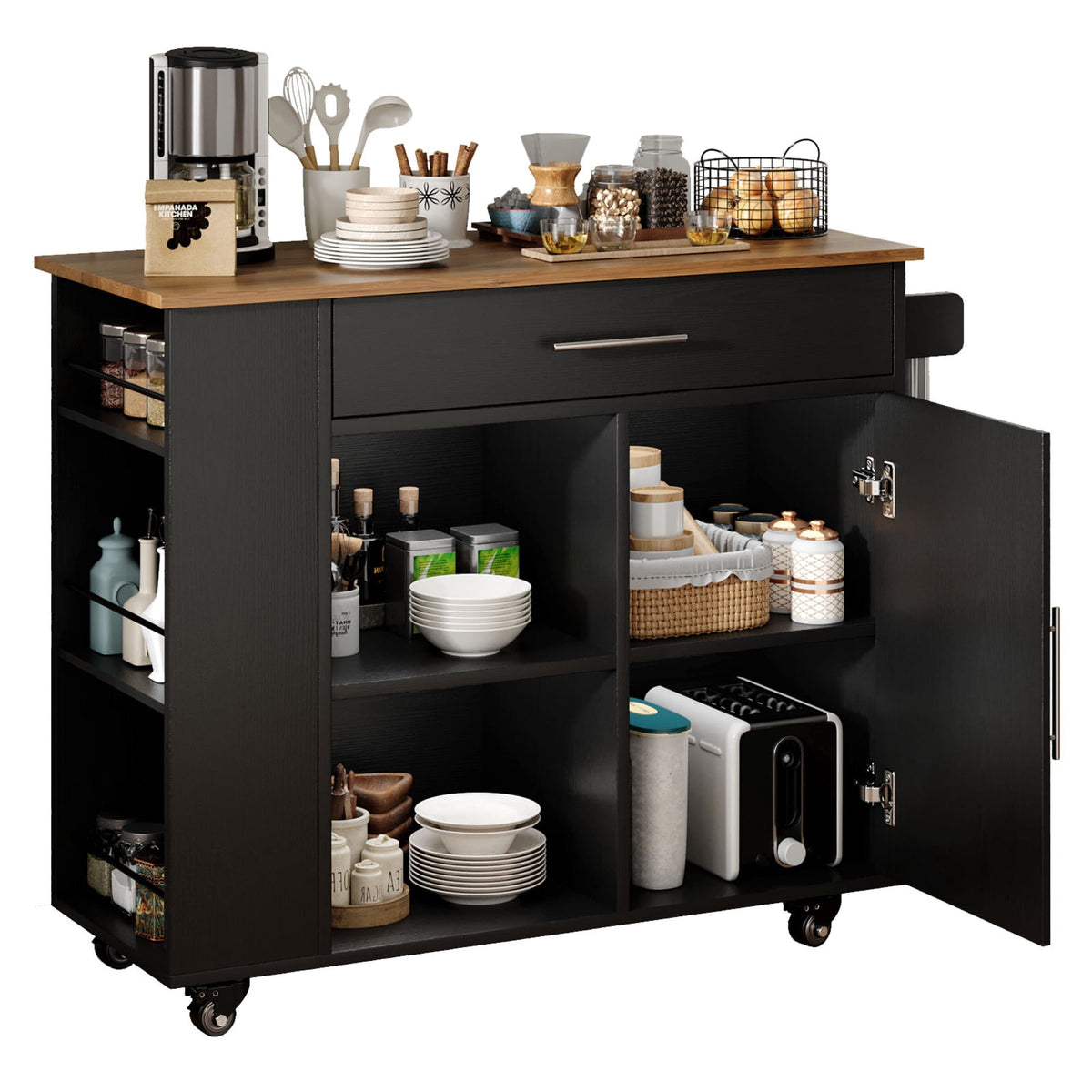 Rolling Kitchen Island Cart with Storage, Black Mobile Kitchen Cart on Wheels with Spice Rack, Towel Rack, Open Shelves & Drawer, Versatile Serving Cart for Kitchen Dining Room