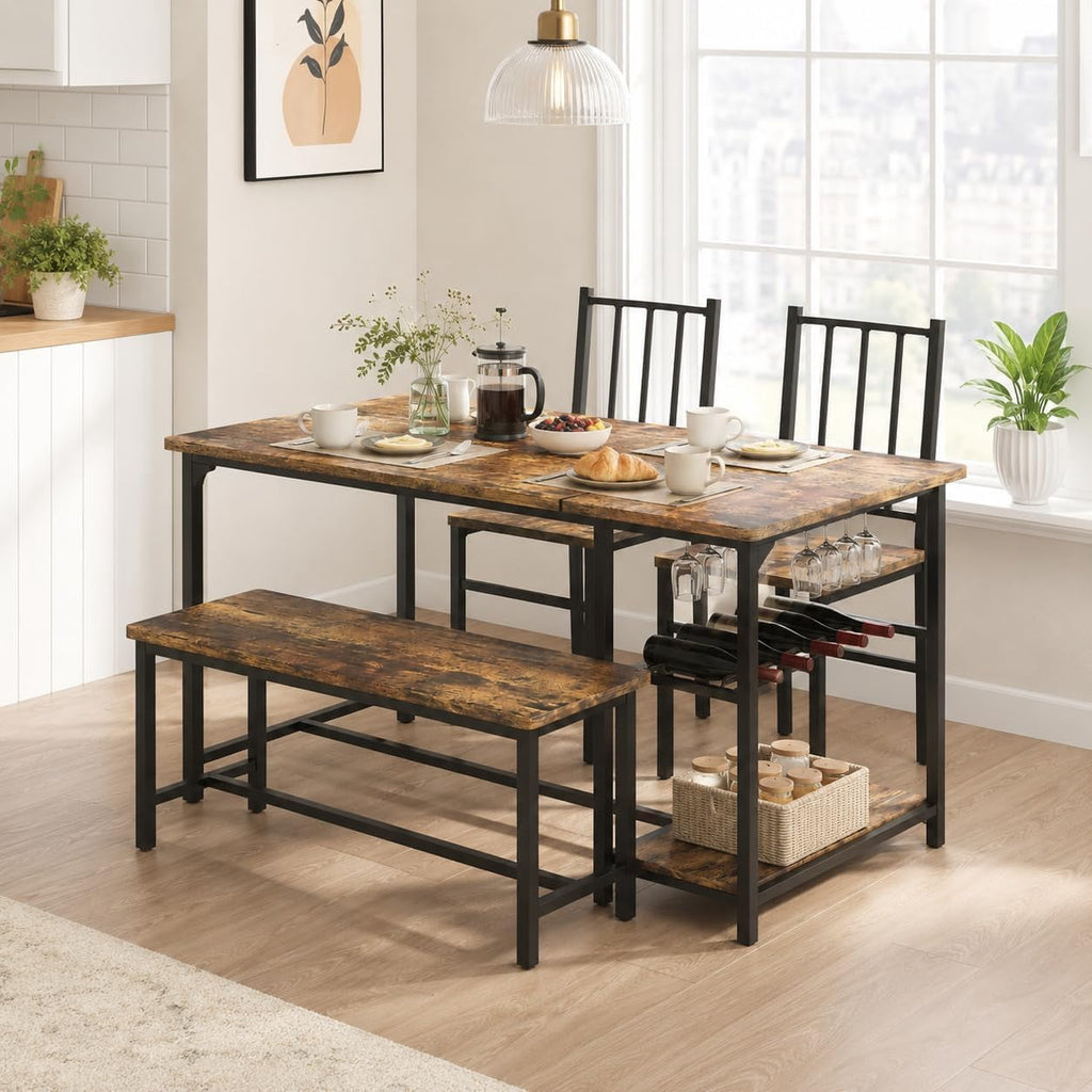 Catrimown Dining Table Set for 4 with Bench, 55 Inch Kitchen Set with Wine Rack, Glass Holder & Storage Shelves, Space Saving Dining Furniture for Home Apartment, Rustic Brown