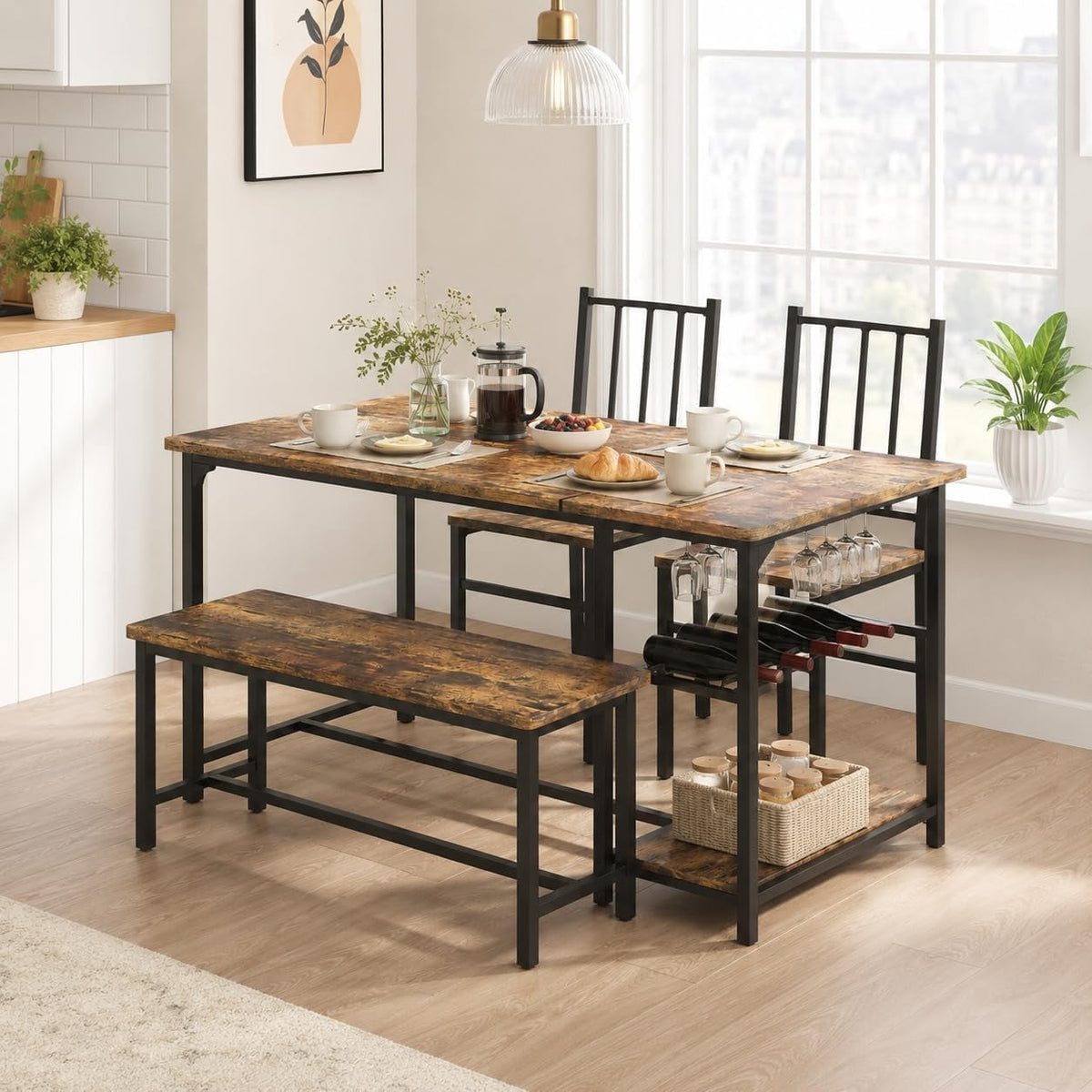 Catrimown Dining Table Set for 4 with Bench, 55 Inch Kitchen Set with Wine Rack, Glass Holder & Storage Shelves, Space Saving Dining Furniture for Home Apartment, Rustic Brown