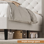 4 Ever Winner Queen Size Bed Frame, Upholstered Platform Bed with Headboard, Button Tufted Headboard, White