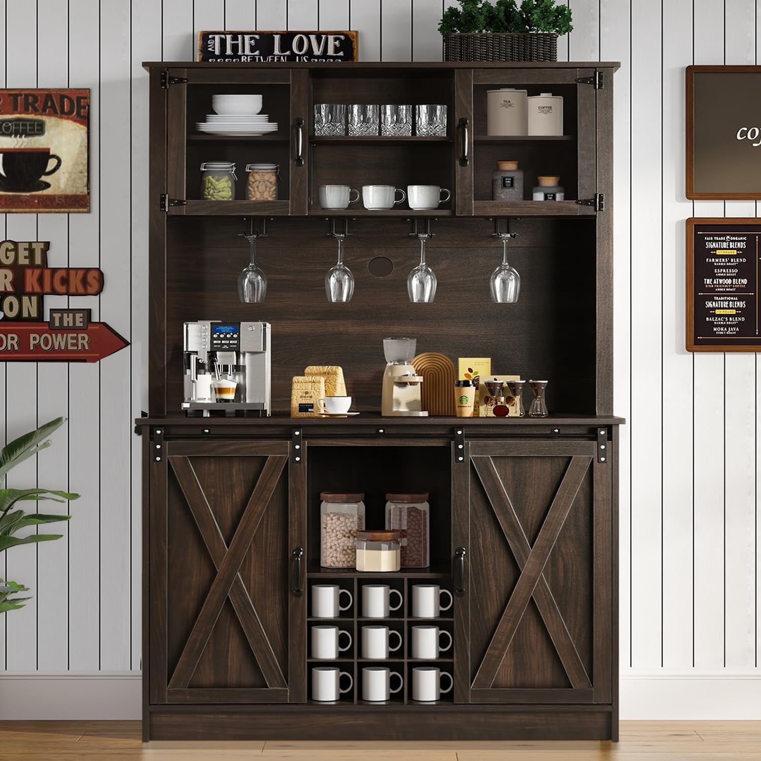 4 EVER WINNER 72" Kitchen Pantry Cabinet with 4 Doors, Freestanding Cupboard Storage Buffet Hutch with Microwave Stand, Coffee Bar Cabinet with 9 Racks & 4 Row Metal Hooks, Dark Oak