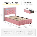 4 Ever Winner Twin Size LED Bed Frame with 2 drawers, Pink Twin Bed Frame with LED Light and Diamond Headboard, Modern Upholstered Bed Twin Size, Pink