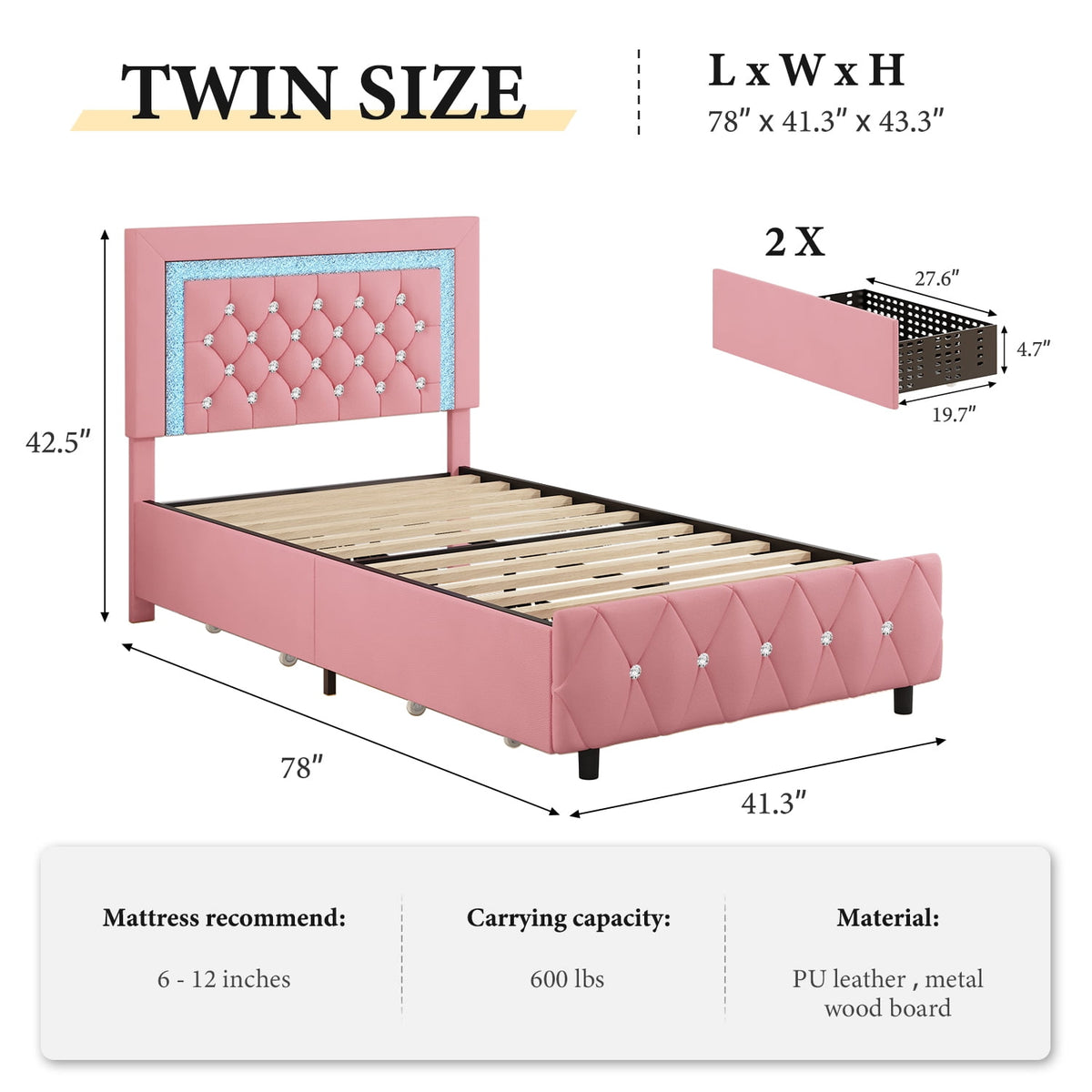 4 Ever Winner Twin Size LED Bed Frame with 2 drawers, Pink Twin Bed Frame with LED Light and Diamond Headboard, Modern Upholstered Bed Twin Size, Pink