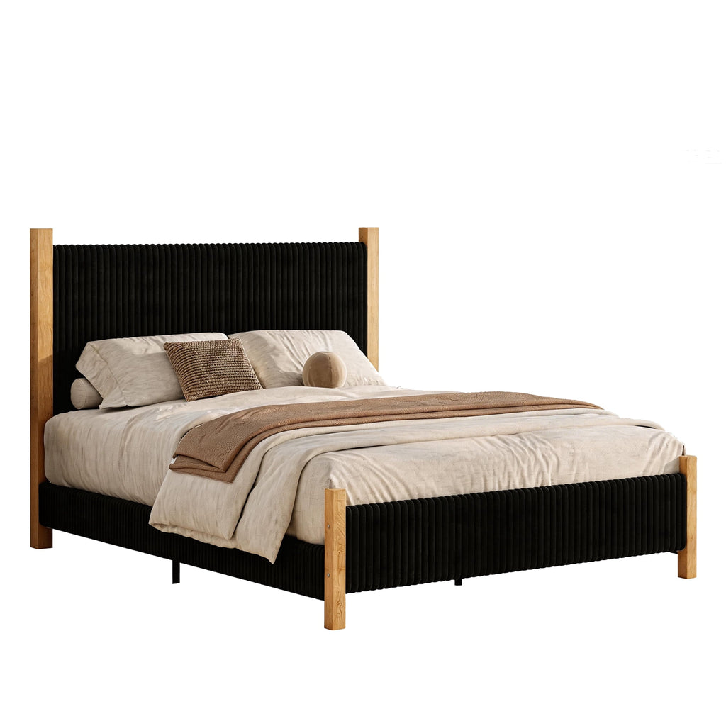 4 EVER WINNER Queen Size Corduroy Upholstered Bed Frame with Vertical Channel Design Headboard, Wooden Legs Platform Bed, No Box Spring Needed, Sturdy Noise-Free Structure, Easy Assembly, Black