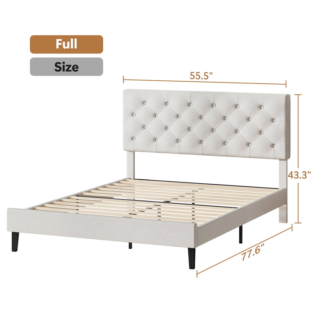 4 Ever Winner Full Size Bed Frame, Upholstered Platform Bed with Headboard, Button Tufted Headboard, White