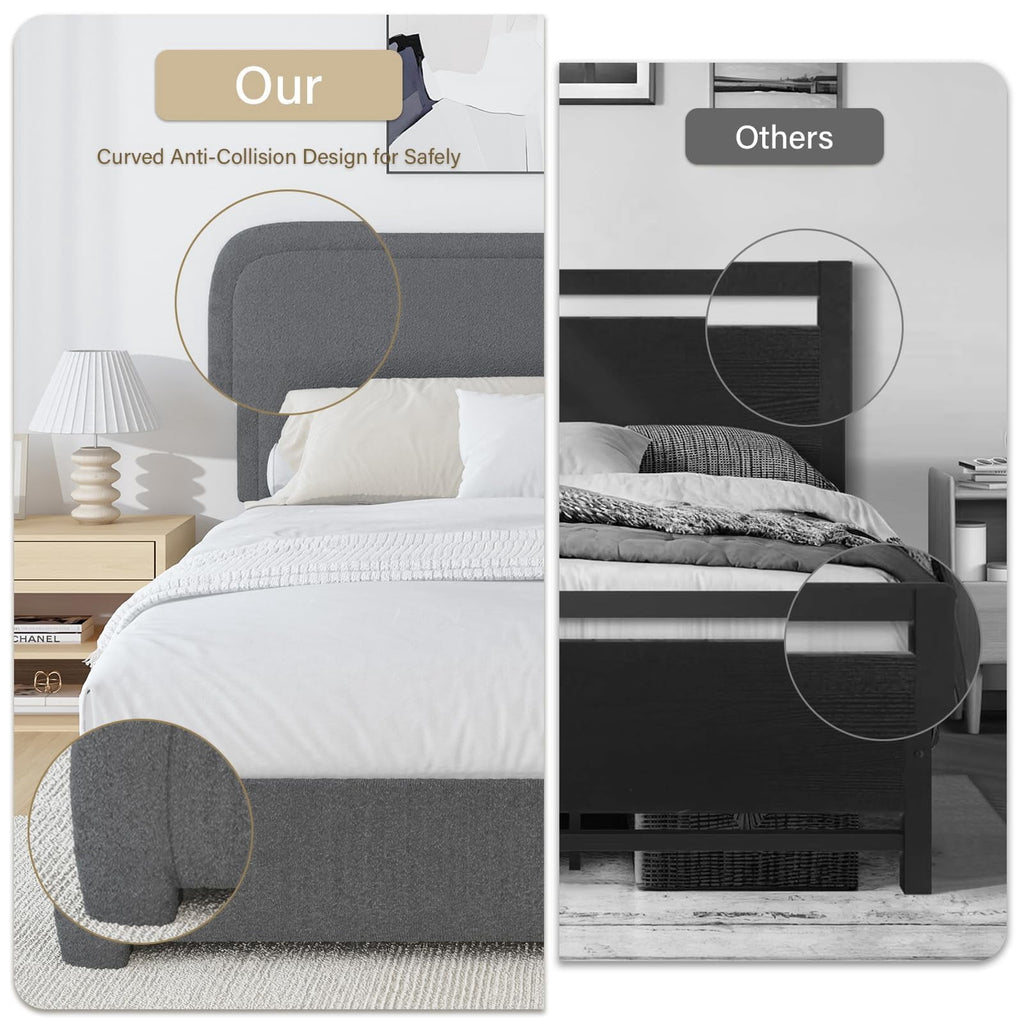 4 EVER WINNER King Size Bed Frame, Boucle Upholstered Bed Frame with Headboard, No Box Spring Required, Easy Assembly, Dark Gray
