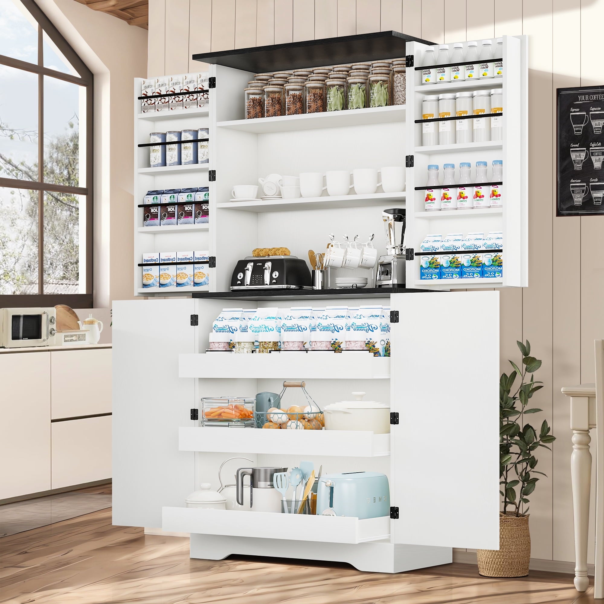 4 EVER WINNER 72" Tall Farmhouse Kitchen Pantry Storage Cabinet, 6 Layers Storage Cabinet with Pull Out Shelves,  Wood Cupboard with 8 Door Shelves for Kitchen, Dining Room, Living Room, White