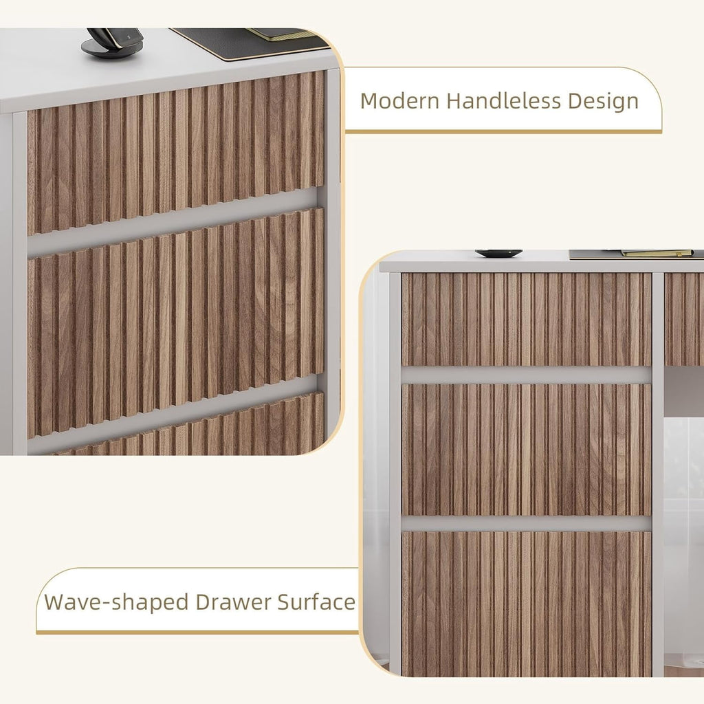 DreamCurship White Desk with 4 Drawers, 48 inch Computer Desk with Storage, Home Office Desks with Hidden Handle, White and Walnut