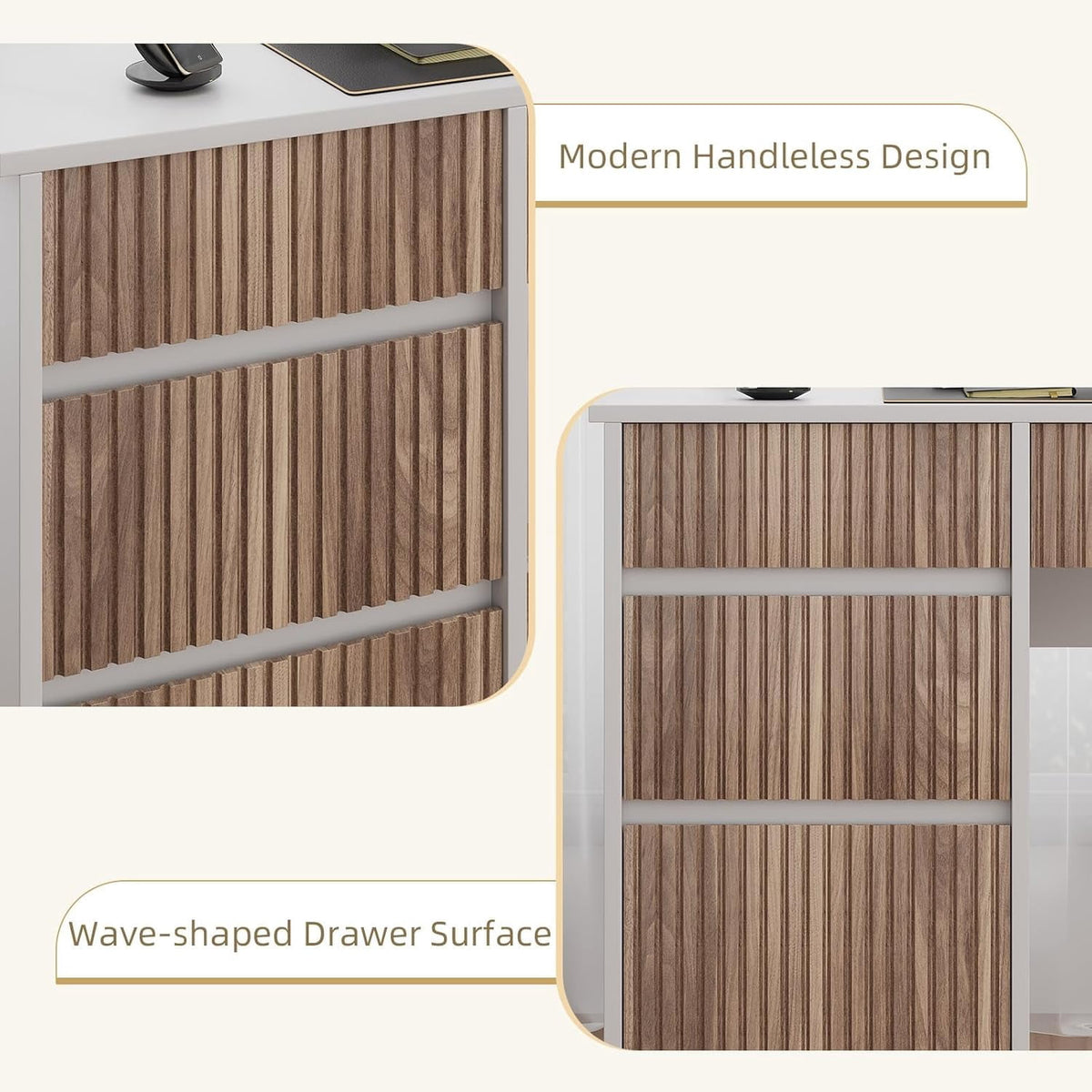DreamCurship White Desk with 4 Drawers, 48 inch Computer Desk with Storage, Home Office Desks with Hidden Handle, White and Walnut