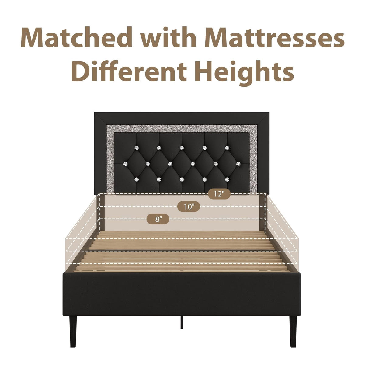 4 EVER WINNER Modern Black Twin Bed Frame with Diamond Tufted Headboard, Upholstered Platform Bed with Glitz Accent, Heavy-Duty Wood Slat Support, No Box Spring Needed, Tool-Free Assembly