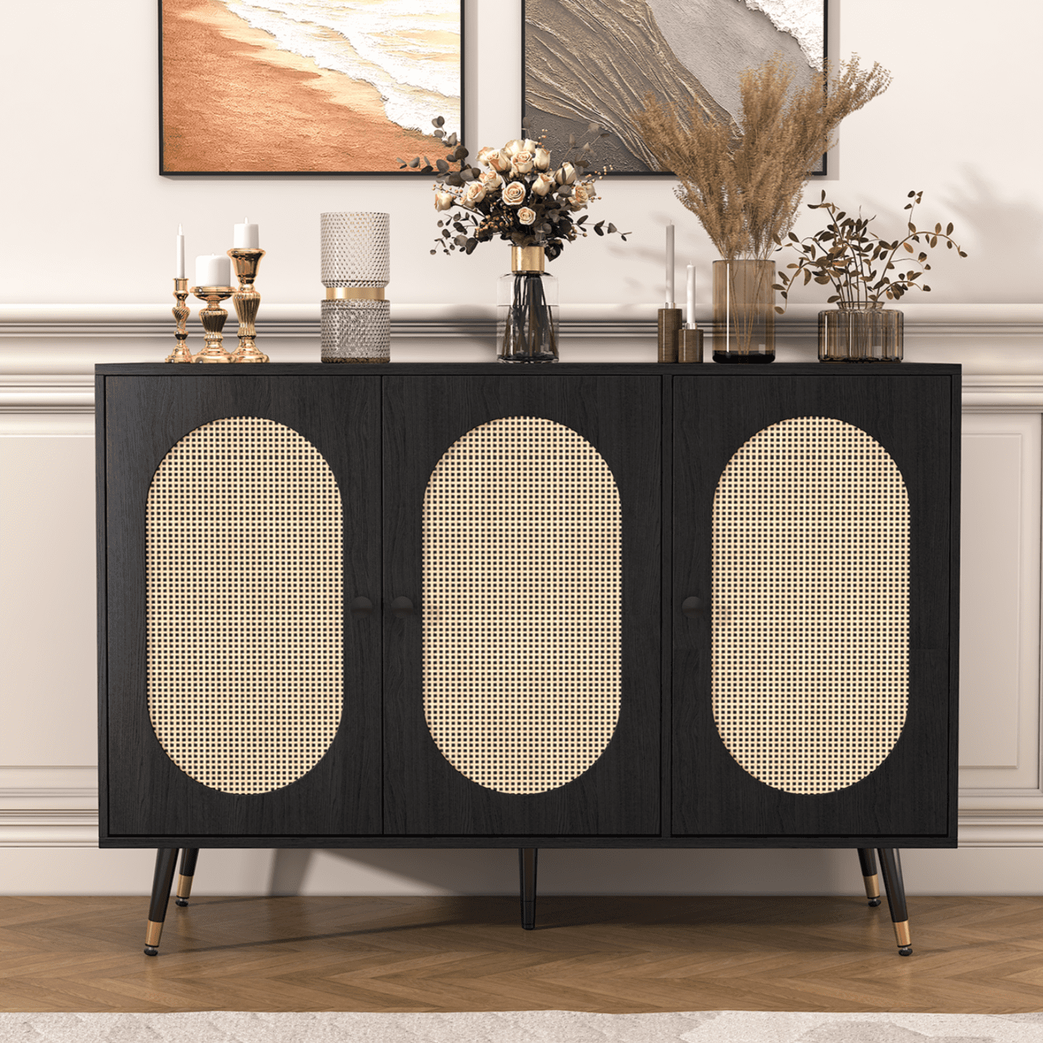 4 EVER WINNER Buffet Cabinet, Rattan Sideboard Storage Cabinet, Credenzas and Sideboards Cabinet Accent Cabinet for Living Room, Black
