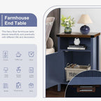 4 Ever Winner Farmhouse Rustic Nightstand Blue with Storage Cabinet and Shelf Set of 2