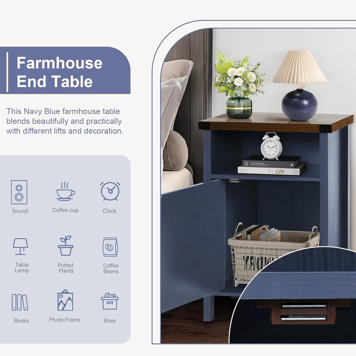 4 Ever Winner Farmhouse Rustic Nightstand Blue with Storage Cabinet and Shelf Set of 2