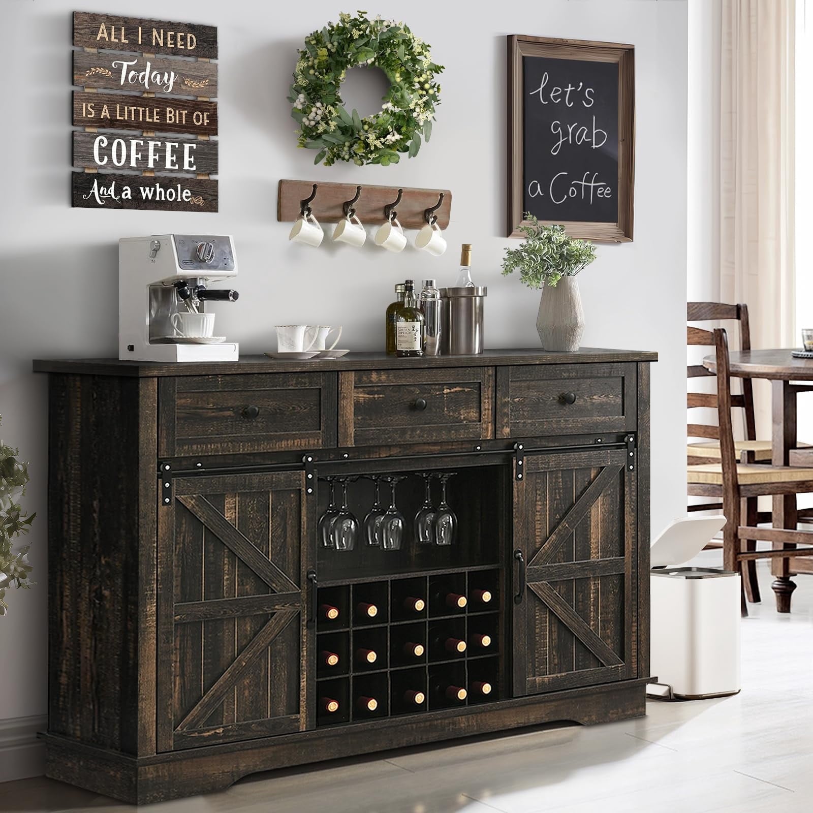 4 EVER WINNER 54" Sideboard Buffet Cabinet, Kitchen Storage Cabinet with 3 Drawers, Farmhouse Coffee Bar Cabinet with 15 Wine Racks & 3 Row Wine Glass Holders, Dark Oak