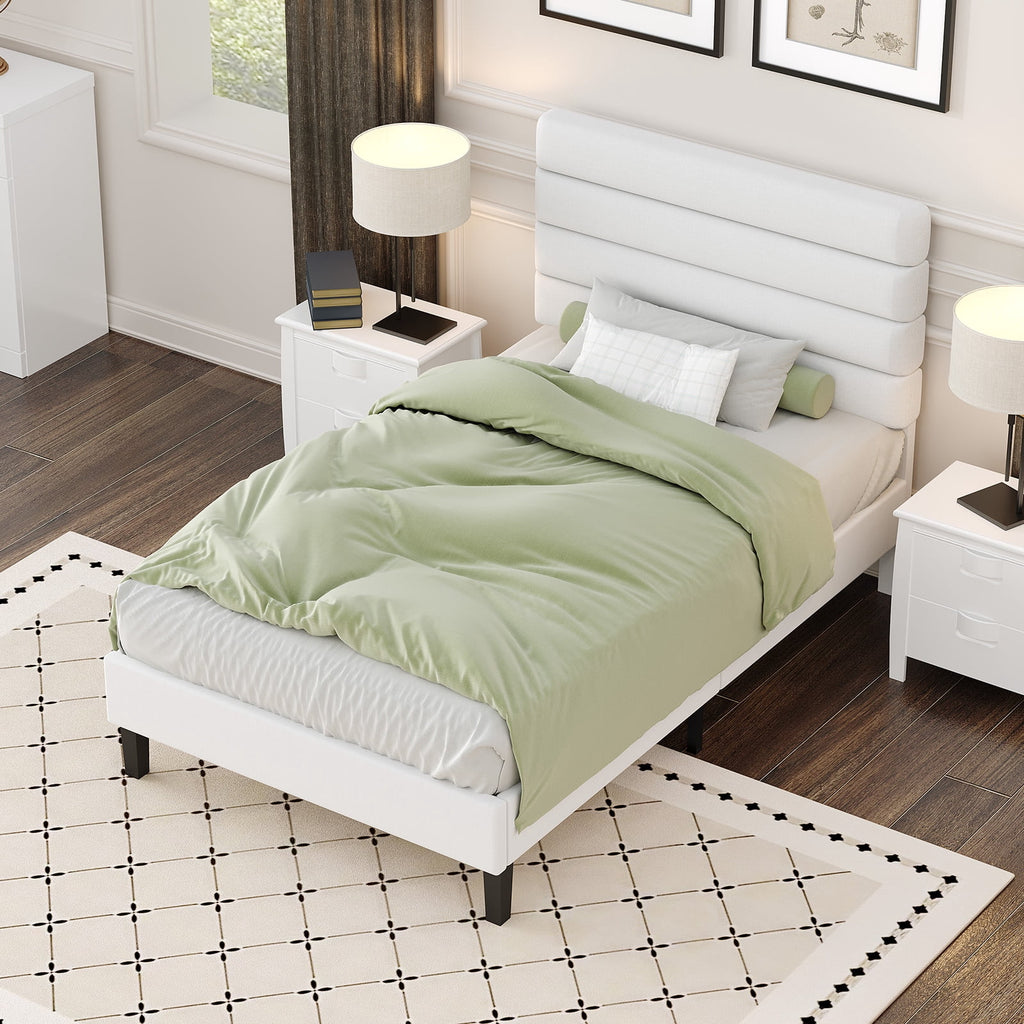 4 Ever Winner Twin Size Platform Bed Frame with Velvet Upholstered Headboard and Wooden Slats Support, Fully Upholstered Mattress Foundation, Noise-Free, No Box Spring Needed, Easy Assembly, White