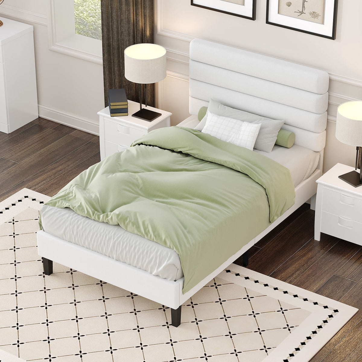 4 Ever Winner Twin Size Platform Bed Frame with Velvet Upholstered Headboard and Wooden Slats Support, Fully Upholstered Mattress Foundation, Noise-Free, No Box Spring Needed, Easy Assembly, White