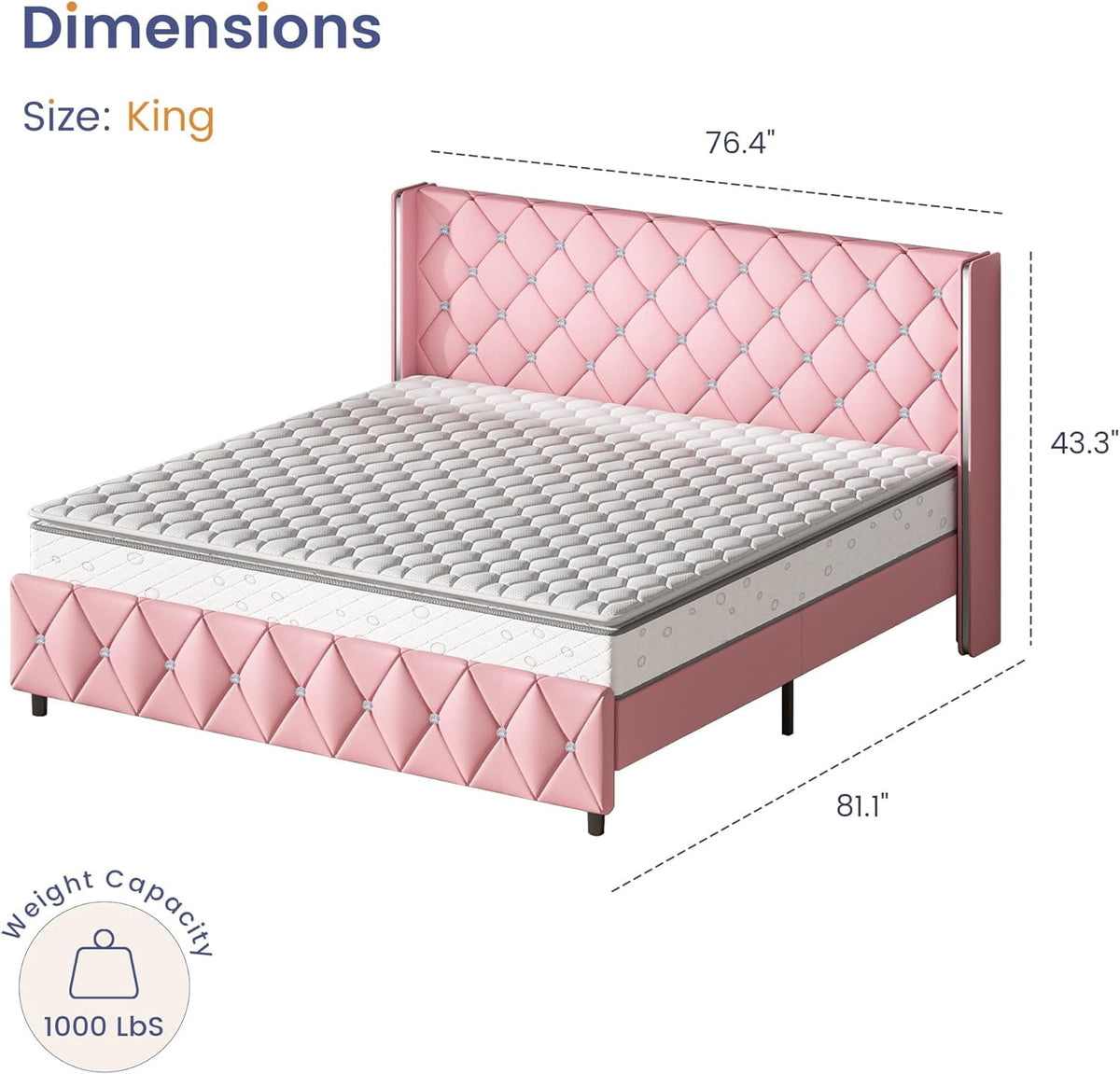 DreamCurship King Size Bed Frame, Pink King Bed Frame with Headboard and Footboard, Modern Upholstered Bed Frame, Pink