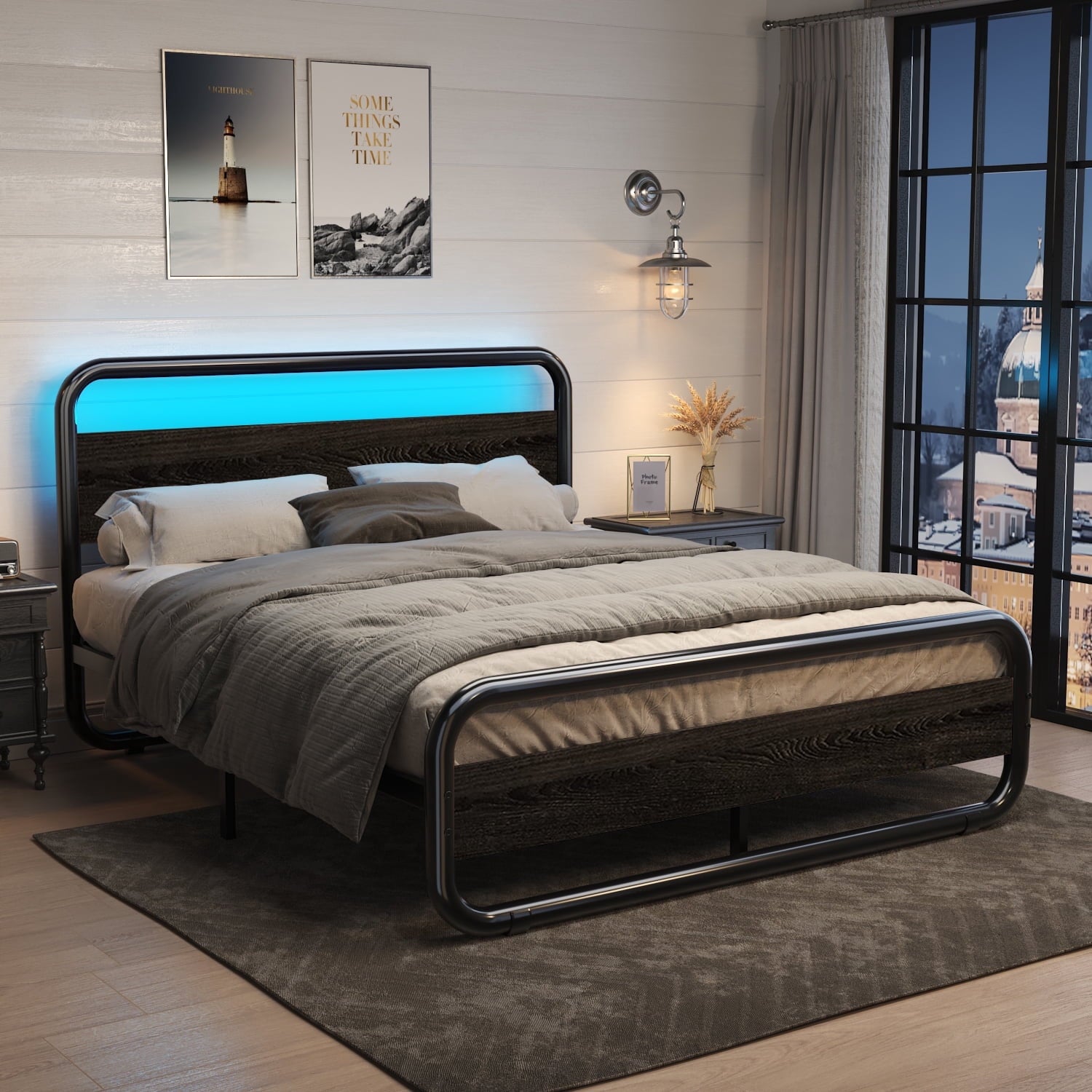 4 EVER WINNER Queen Size Bed Frame with LED Light Headboard, Metal Platform Bed with Wooden Headboard, Black