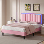 4 Ever Winner Full Size Foam and Leather Bed Frame with Durable LED Light Headboard, Pink