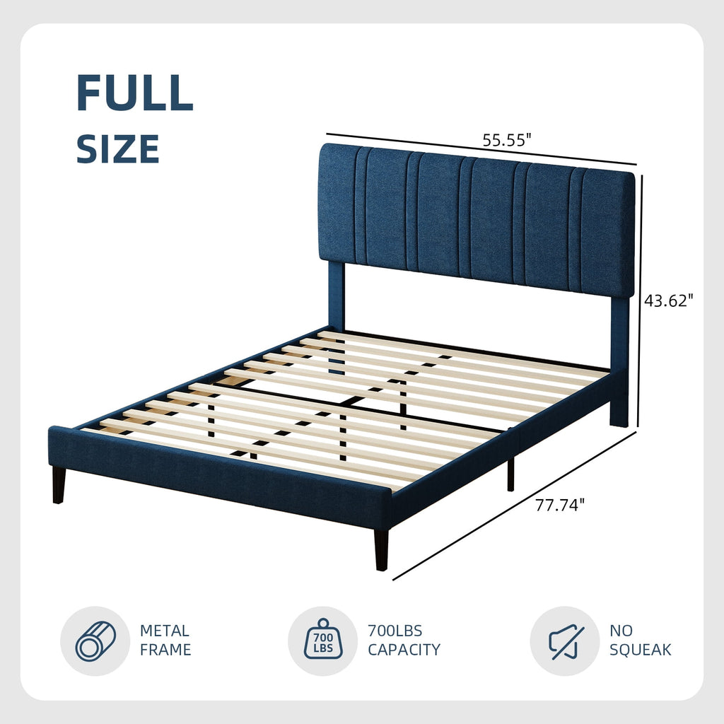 4 EVER WINNER Full Size Upholstered Platform Bed Frame with Headboard, Blue Full Bed Frame, No Box Spring Needed, Blue