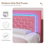 4 EVER WINNER Queen Size LED Bed Frame with 4 Drawers, Pink Queen Bed Frame with LED Light Headboard, Modern Upholstered Bed with Diamond Headboard and Footboard, Pink