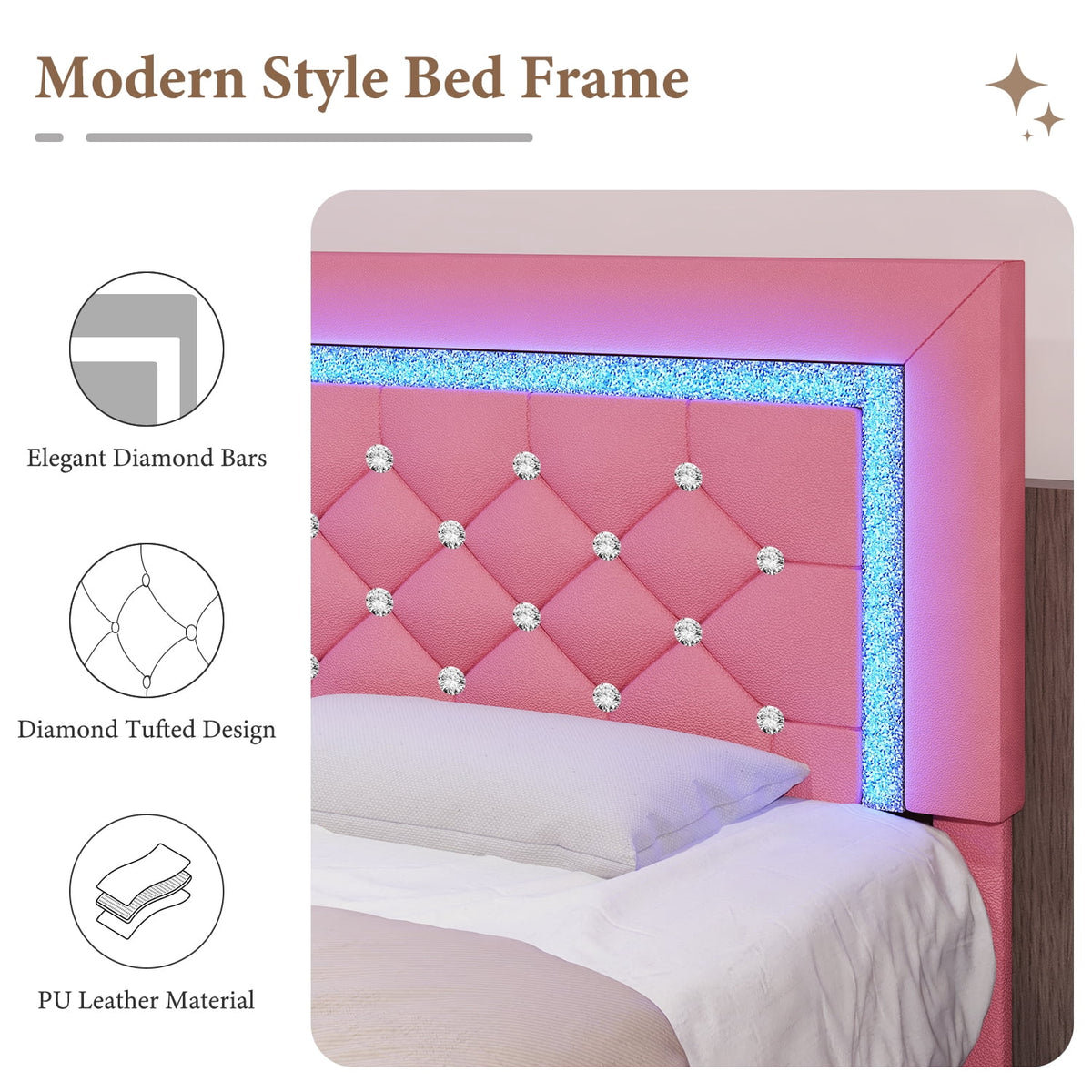 4 EVER WINNER Queen Size LED Bed Frame with 4 Drawers, Pink Queen Bed Frame with LED Light Headboard, Modern Upholstered Bed with Diamond Headboard and Footboard, Pink