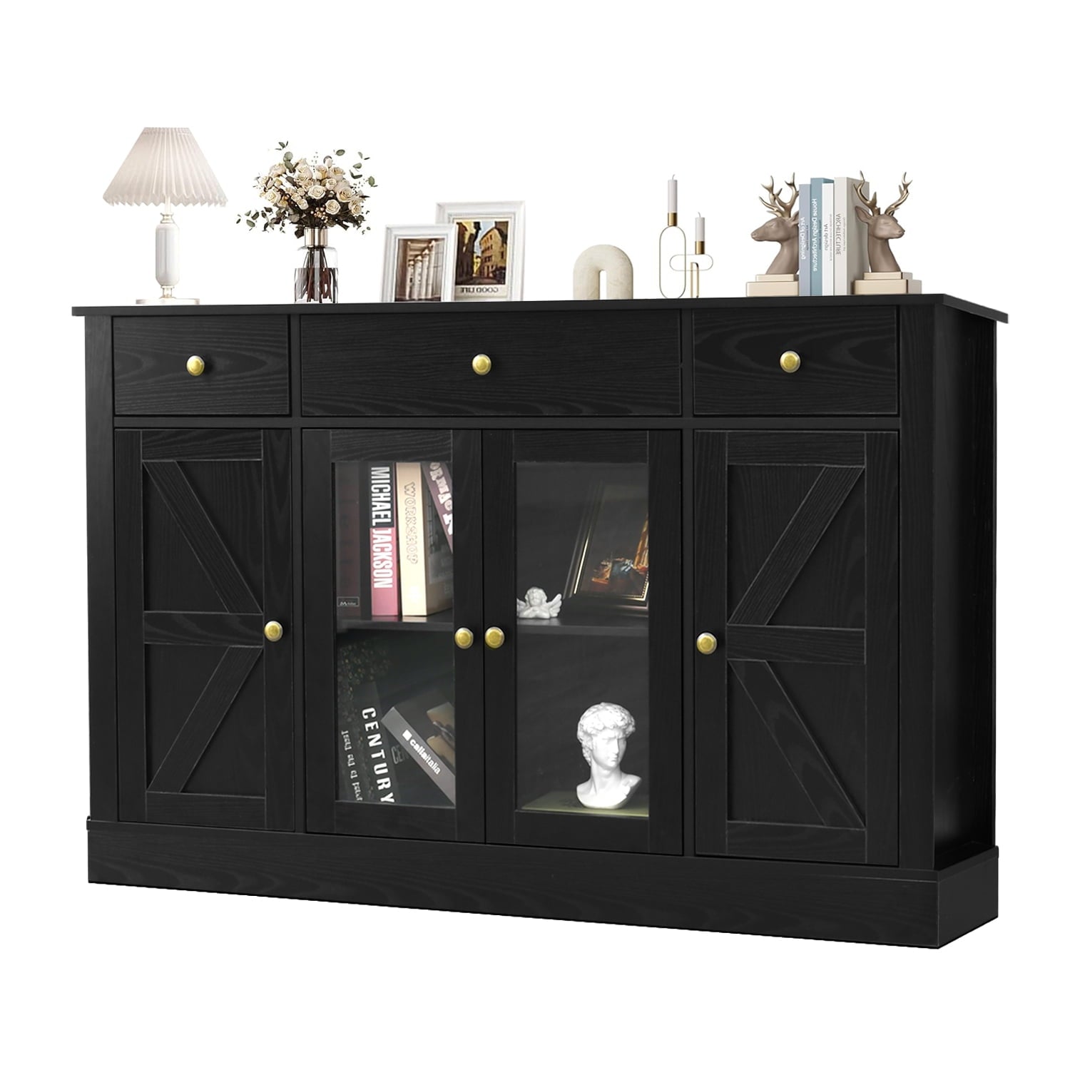 4 EVER WINNER Sideboard Buffet Cabinet, Farmhouse Coffee Bar Cabinet with Storage, Credenza Storage Cabinet Accent Cabinet for Living Room, Black