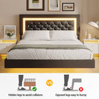 4 EVER WINNER King Size Floating Bed Frame with LED Lights, Upholstered Platform Bed Frame with Diamond Tufted Headboard, Black King Size Bed Frame, Black