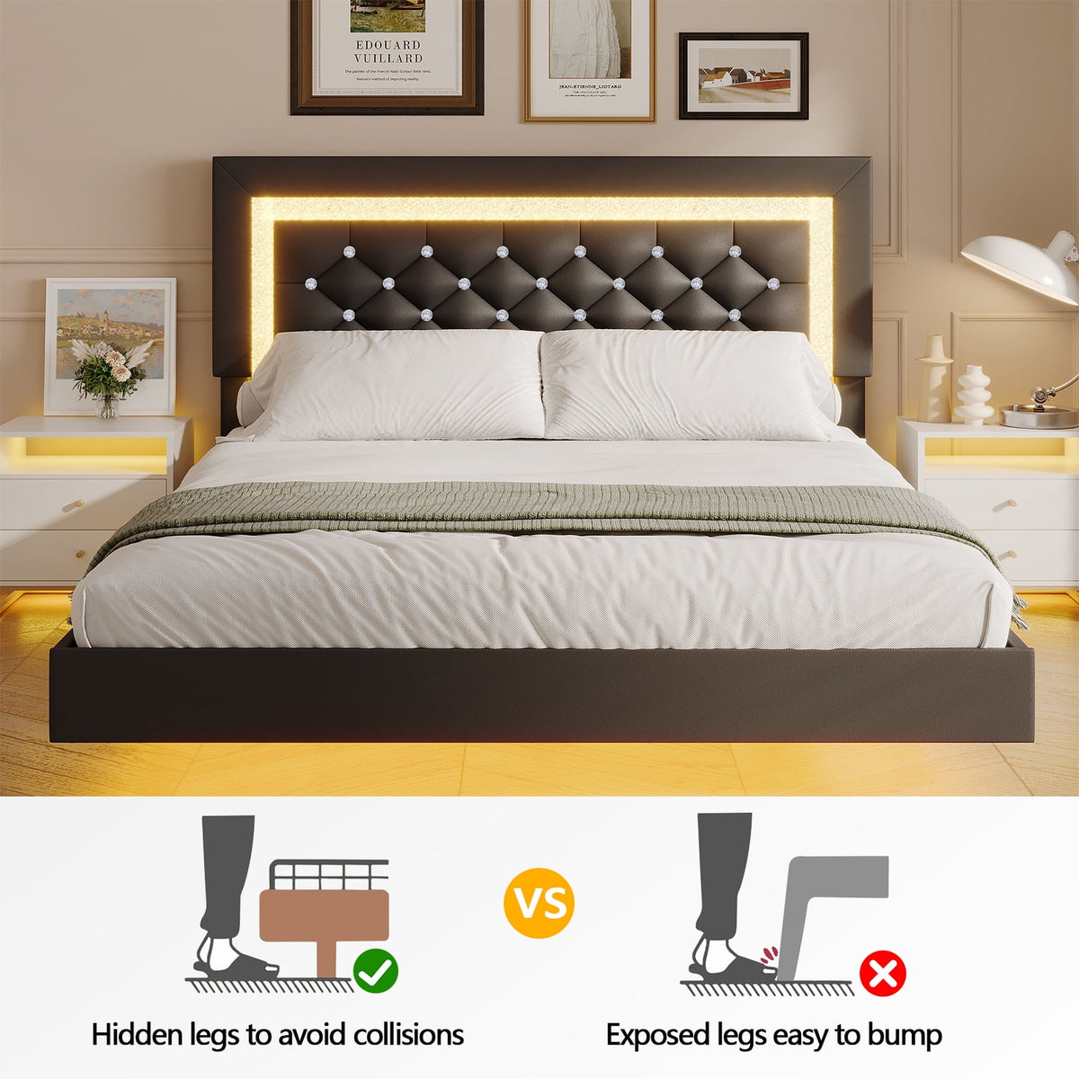 4 EVER WINNER King Size Floating Bed Frame with LED Lights, Upholstered Platform Bed Frame with Diamond Tufted Headboard, Black King Size Bed Frame, Black