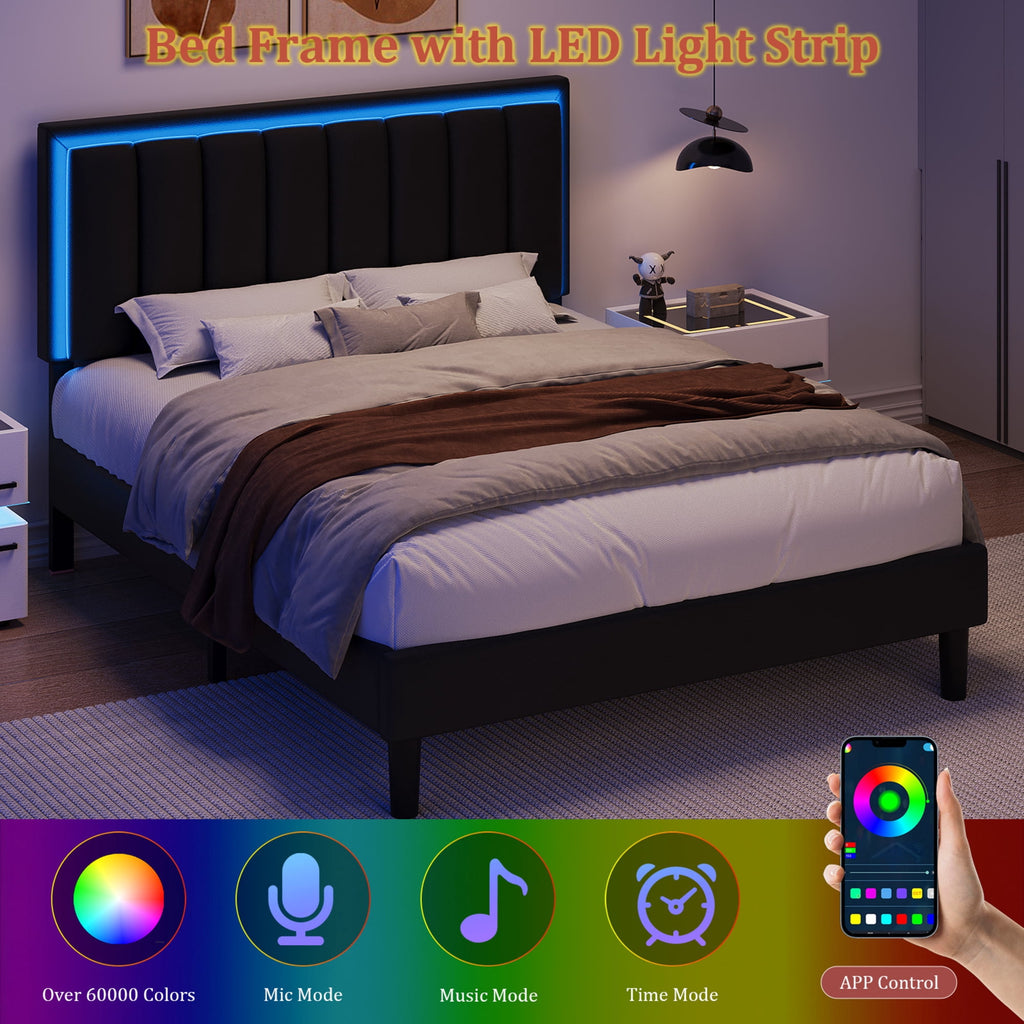 4 EVER WINNER Queen Black LED Upholstered Bed Frame, PU Soft Cushion Headboard, Stable Structure, No Box Spring Required, Quick Assembly for Home