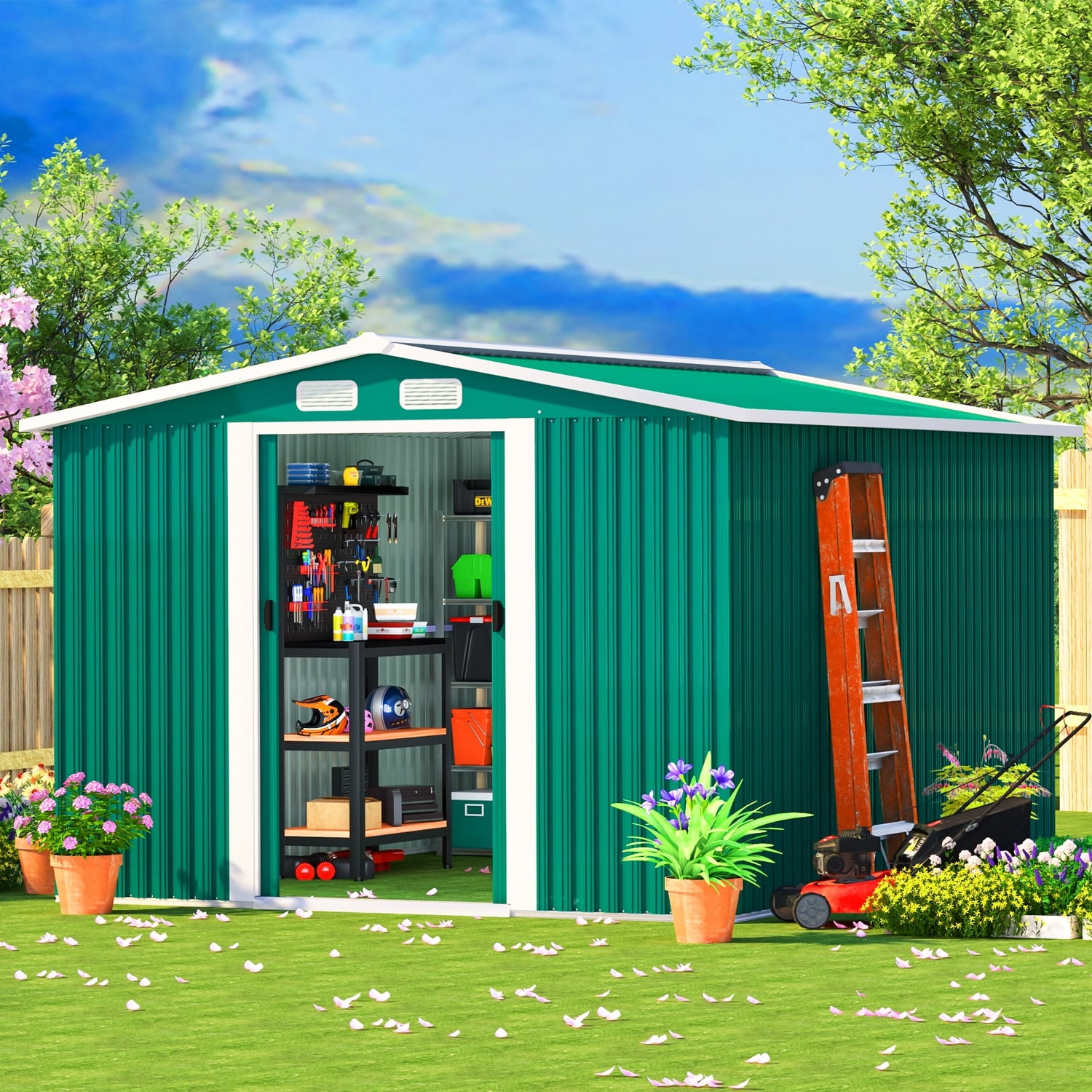 8' x 8'  Outdoor Metal Storage Shed, Metal Shed & Outdoor Storage with Sliding Door, Tools Storage Shed, Steel Garden Shed, Outdoor Storage Shed for Backyard, Green
