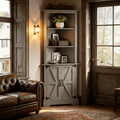 4 EVER WINNER 68 Inch Grey Farmhouse Corner Cabinet, 5-tier adjustable shelves with barn doors, space-saving storage for various rooms