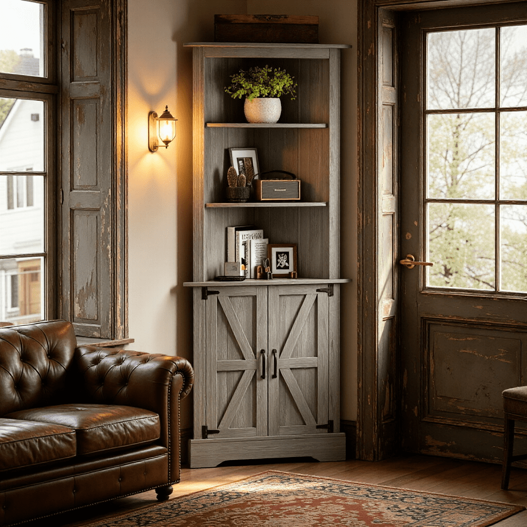 4 EVER WINNER 68 Inch Grey Farmhouse Corner Cabinet, 5-tier adjustable shelves with barn doors, space-saving storage for various rooms