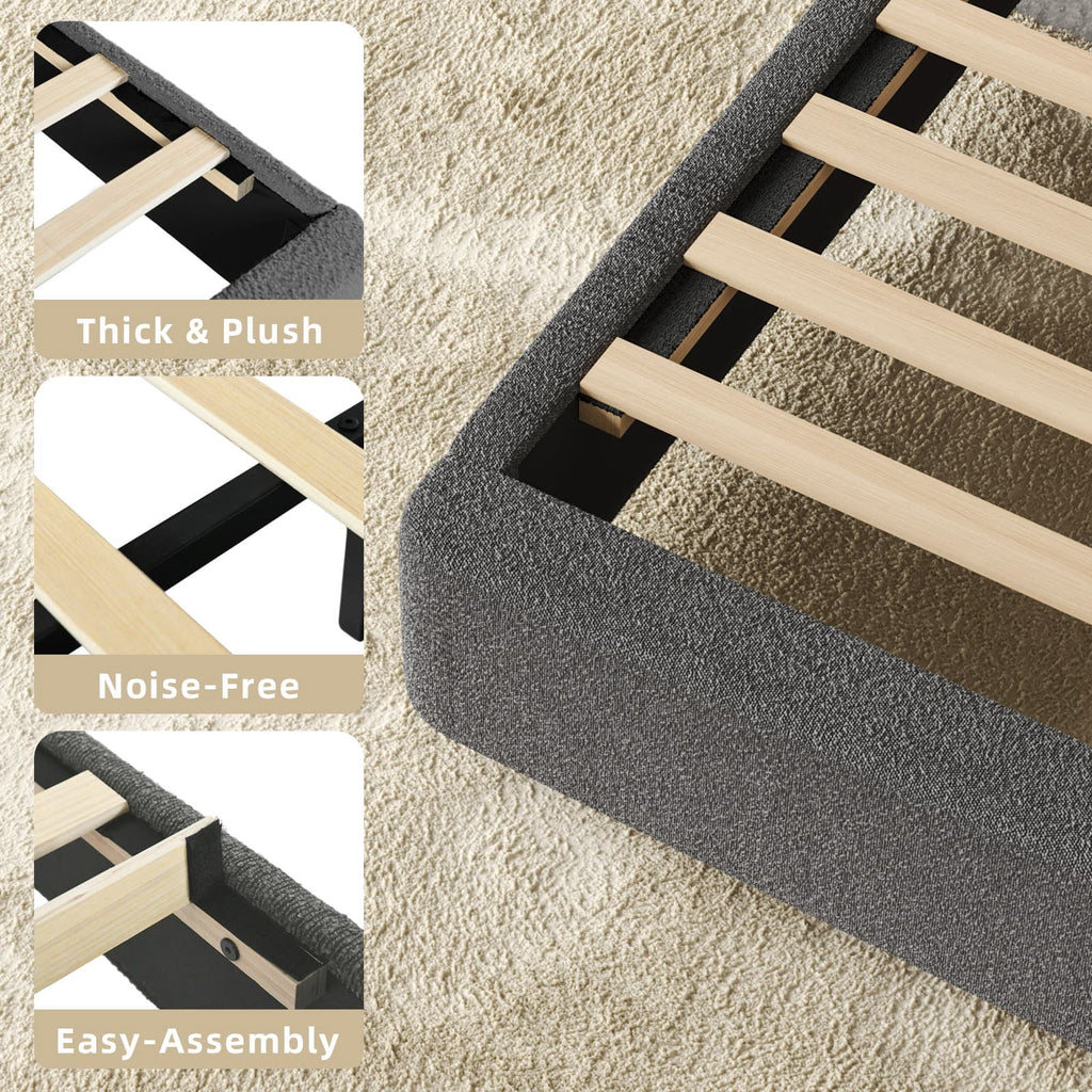 4 Ever Winner Queen Size Boucle Bed Frame with Headboard, Upholstered Platform Bed with Wood Slats, Soft Rounded Corners, No Box Spring Required, Non-Slip and Noise-Free, Easy Assembly, Grey