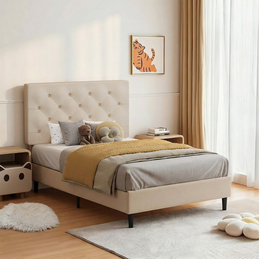 4 EVER WINNER Twin Size Upholstered Platform Bed Frame with Headboard, Cream