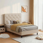 4 EVER WINNER Twin Size Upholstered Platform Bed Frame with Headboard, Cream