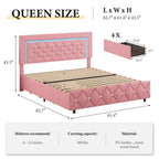 4 EVER WINNER Queen Size LED Bed Frame with 4 Drawers, Pink Queen Bed Frame with LED Light Headboard, Modern Upholstered Bed with Diamond Headboard and Footboard, Pink