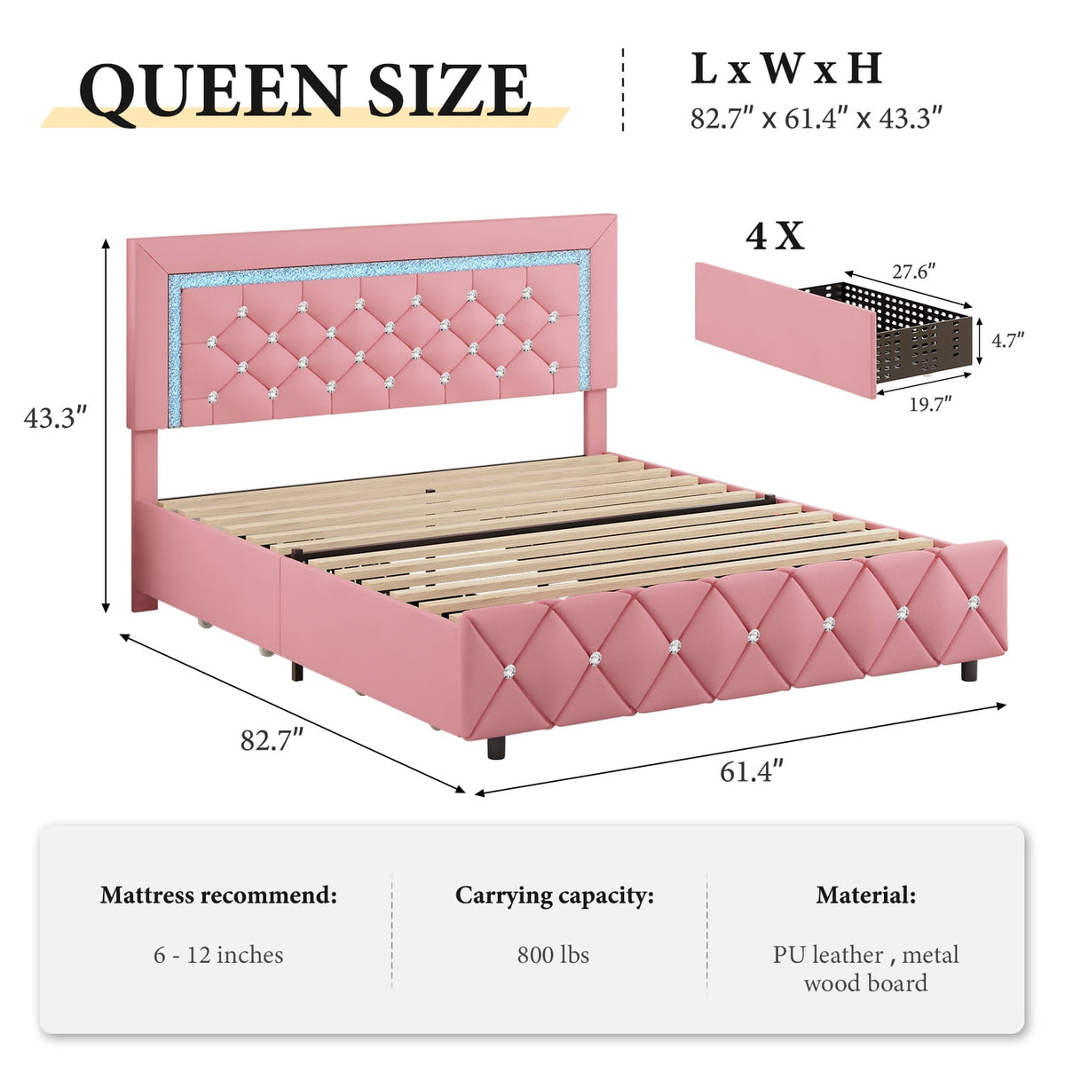 4 EVER WINNER Queen Size LED Bed Frame with 4 Drawers, Pink Queen Bed Frame with LED Light Headboard, Modern Upholstered Bed with Diamond Headboard and Footboard, Pink