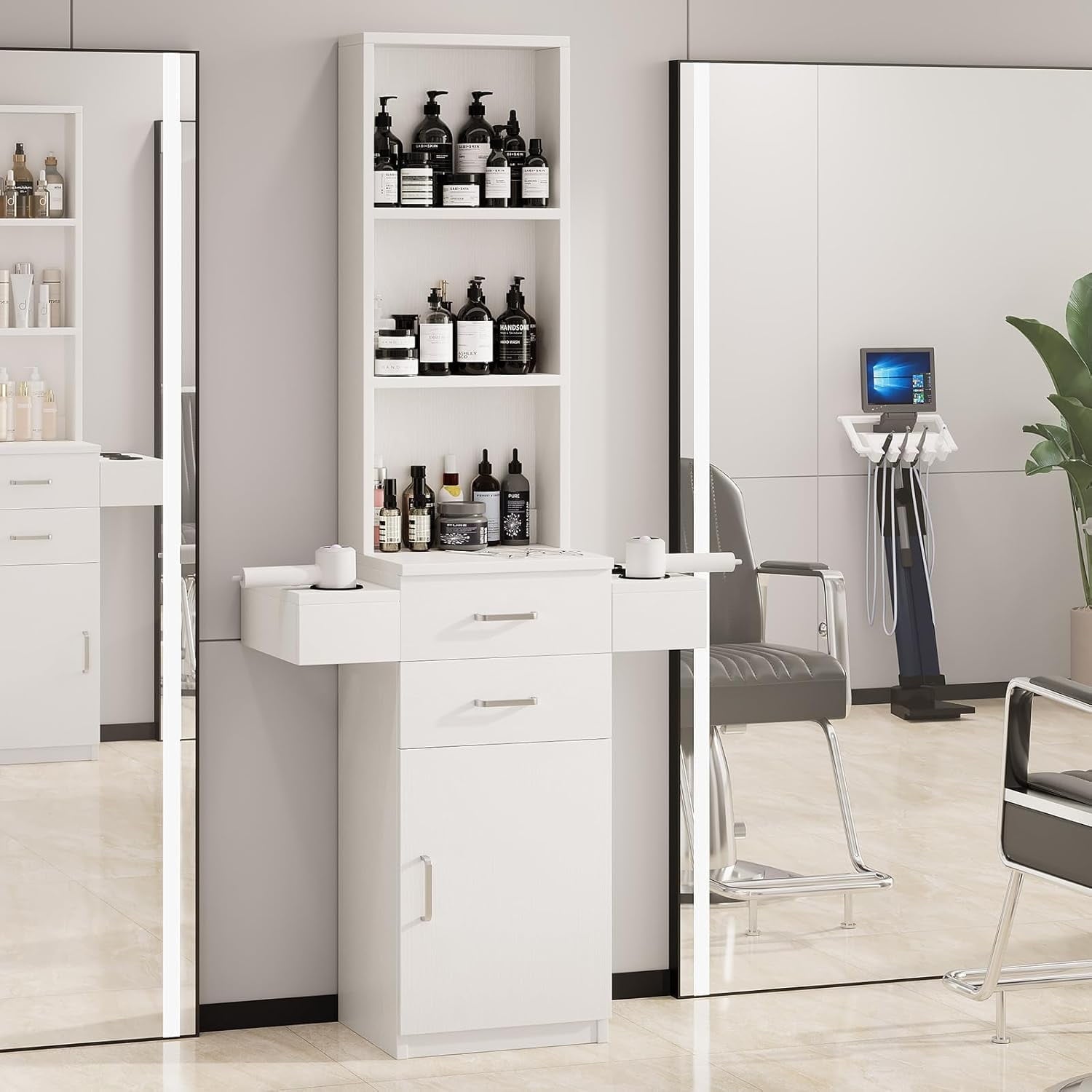 4 EVER WINNER Salon Station, Barber Stations with 3-Tier Storage Shelf with Door, Hair Styling Storage Cabinet with 2 Drawer, 1 Large Storage Cabinet & 6 Hot Tool Holders, White